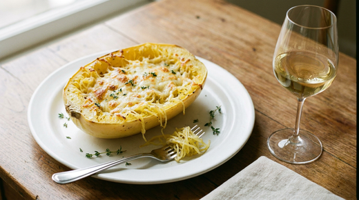 Demi-courge spaghetti rôtie servie dans sa coque, chair en filaments jaunes mêlée de crème et de gruyère gratinée dorée, fourchette à plat, thym, verre de vin blanc, table en bois