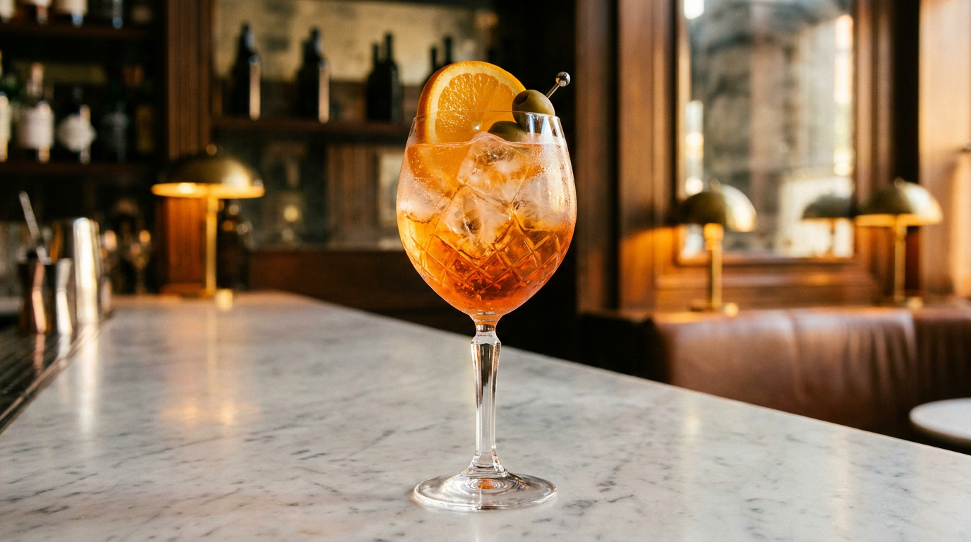 Grand verre à vin rempli de glace et d'un spritz orange vif pétillant, demi-rondelle d'orange et olive verte sur le bord, sur un comptoir de marbre veiné dans un bar chic