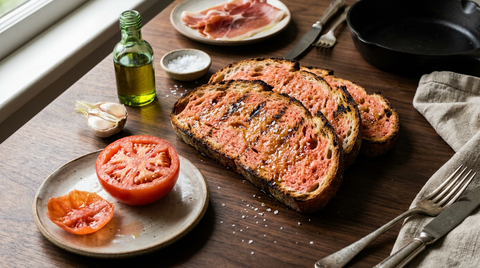 Pa amb tomàquet catalan sur une planche, tranches de pain de campagne grillées aux marques noires, mie teintée de rose par la tomate frottée, sel en cristaux et filet d'huile, demi-tomate râpée et sa peau vidée dans une assiette.