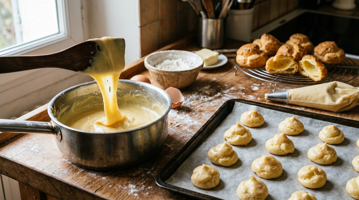 Pâte à choux en casserole avec le test du ruban à la spatule, choux crus pochés sur plaque et choux cuits gonflés sur grille