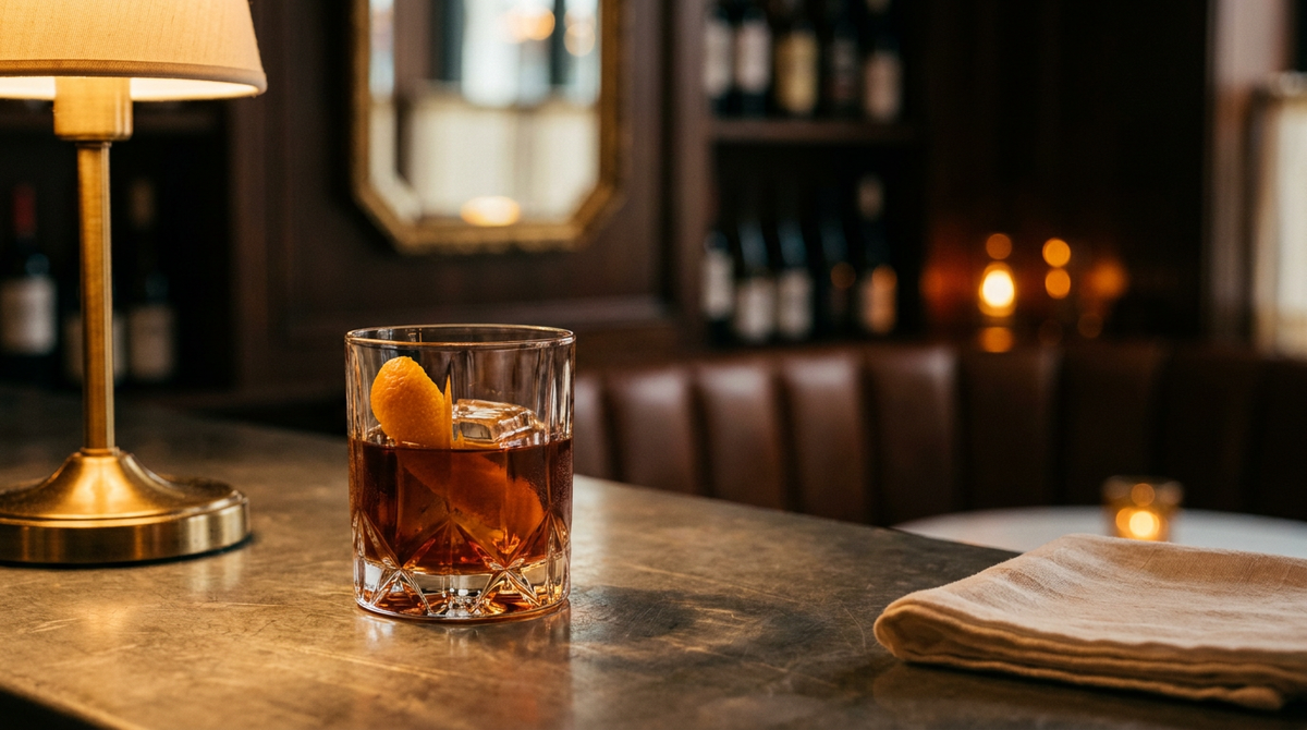 Old Fashioned sans alcool acajou sur un gros glaçon, zeste d'orange dans le verre, comptoir de zinc patiné
