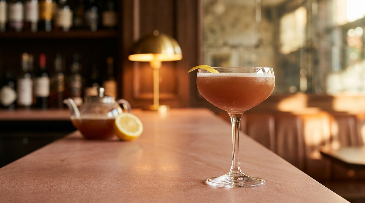Mata Hari brun rouge thé légèrement voilé dans une coupe glacée, zeste de citron, théière en arrière-plan, comptoir de grès rose des Vosges