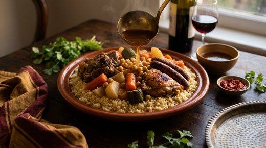 Couscous royal dans un plat en terre, semoule en grains détachés, agneau, poulet, merguez, pois chiches et légumes, bouillon versé à la louche