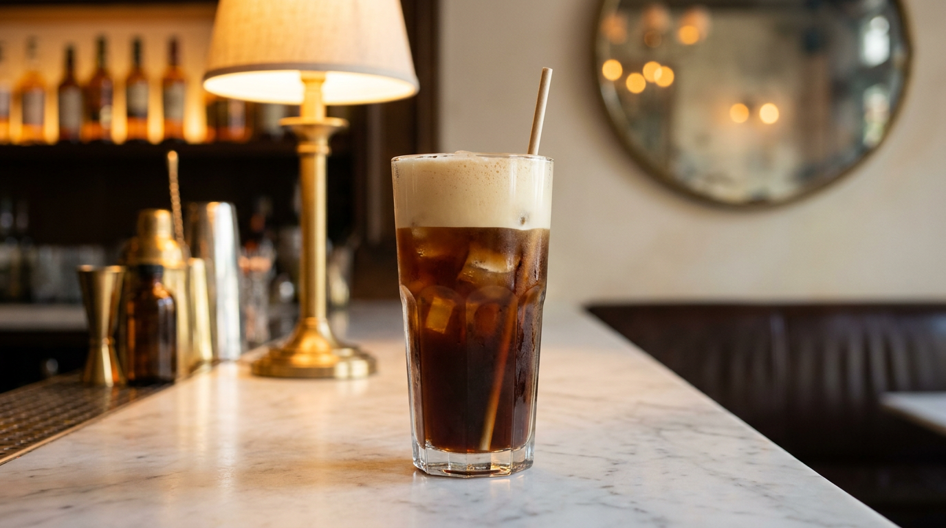 Frappé grec, café glacé sous une épaisse mousse beige, paille, comptoir de marbre blanc