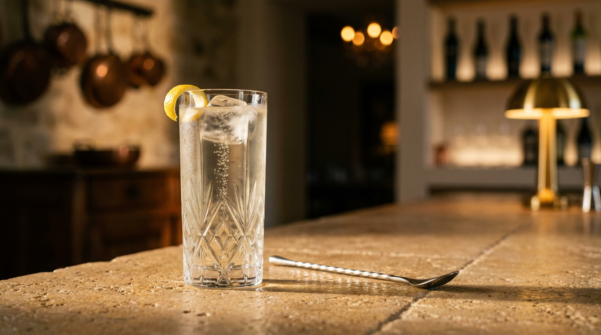 Cocktail vin blanc et eau gazeuse dans un verre haut à facettes, bulles fines, glaçons clairs et zeste de citron, sur un comptoir de pierre