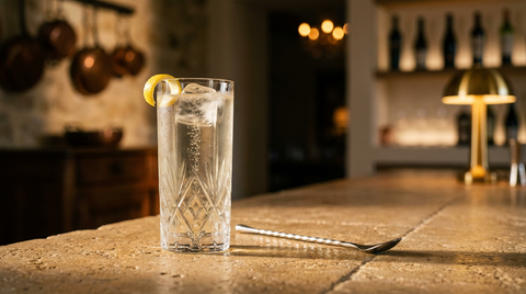 Cocktail vin blanc et eau gazeuse dans un verre haut à facettes, bulles fines, glaçons clairs et zeste de citron, sur un comptoir de pierre