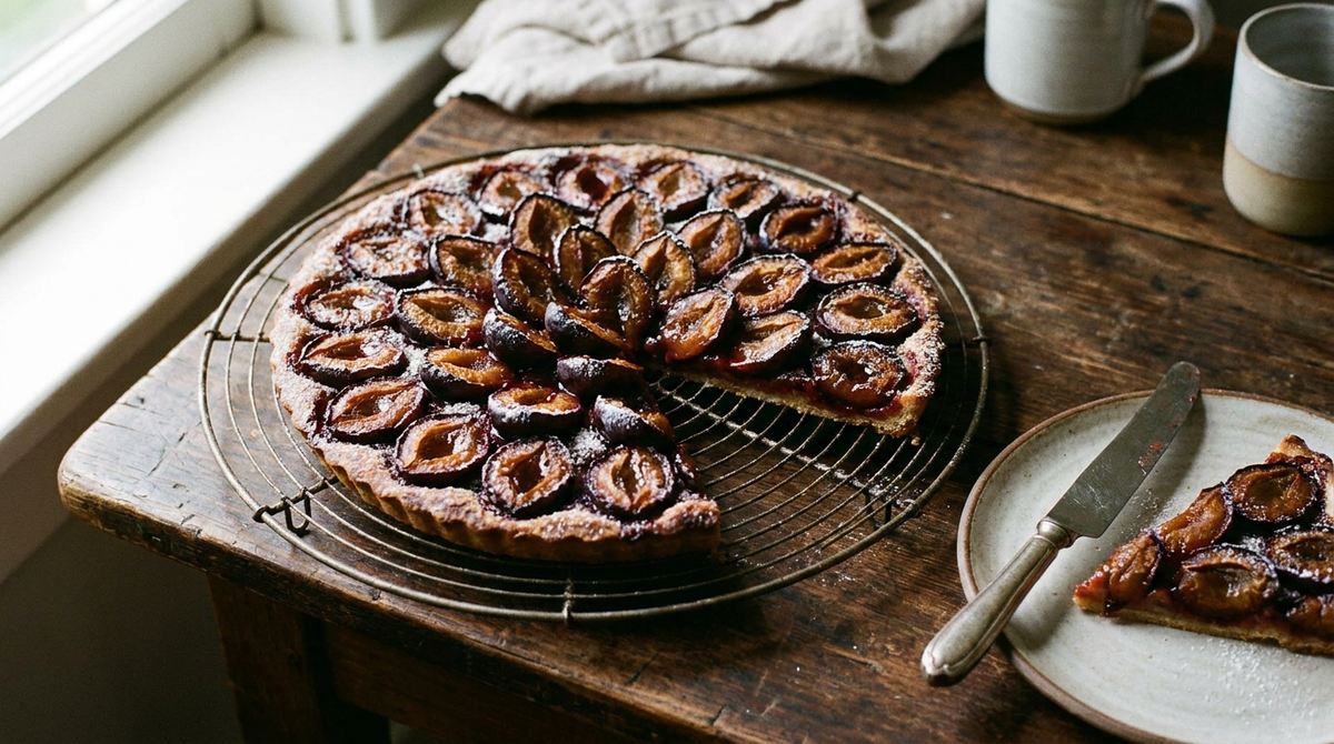 Tarte aux prunes dorée sur une grille, demi-prunes violettes et dorées rangées serrées face coupée vers le haut, jus caramélisé au fond des creux, pâte brisée brune sur le pourtour, sucre glace, table de bois patiné