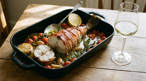 Queue de lotte au four : la recette rôtie au lard, au vin blanc et aux herbes, chair ferme et nacrée