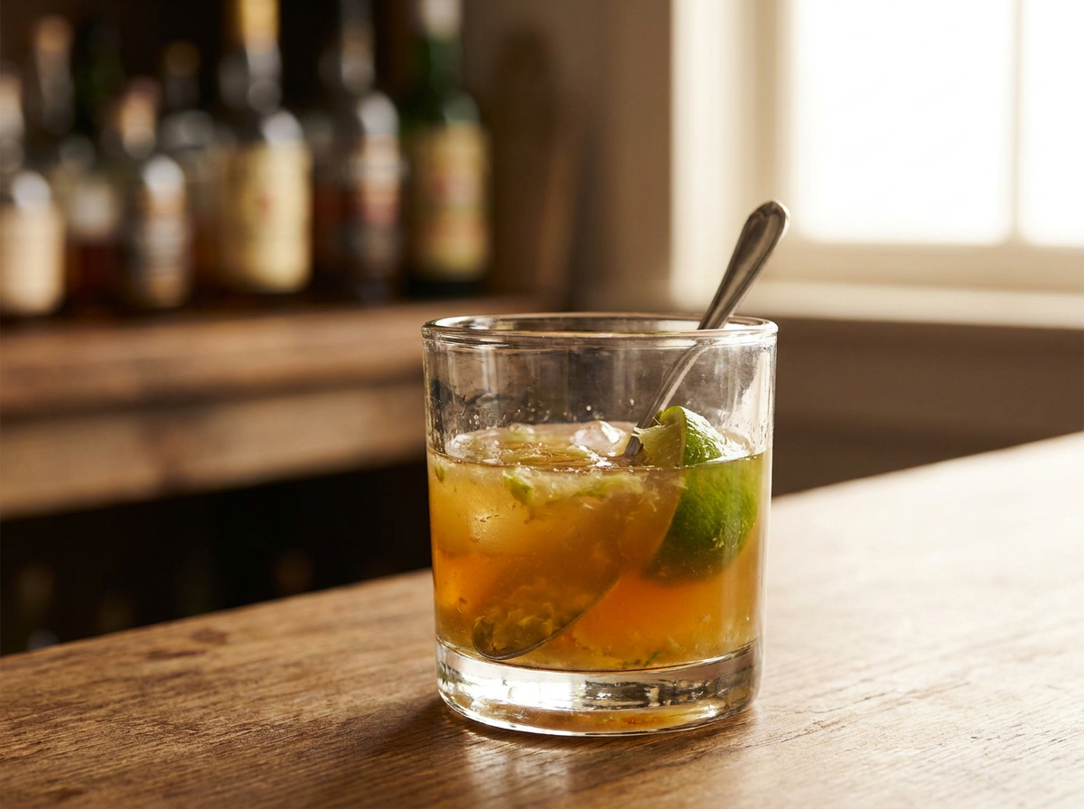 Ti-punch au rhum vieux dans un petit verre à fond épais, quartier de citron vert et cuillère de sirop de canne