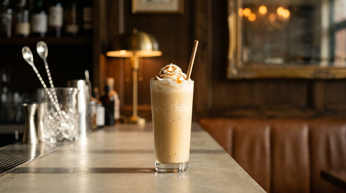 Frappuccino caramel maison dans un grand verre, crème fouettée et filet de caramel, comptoir de béton clair