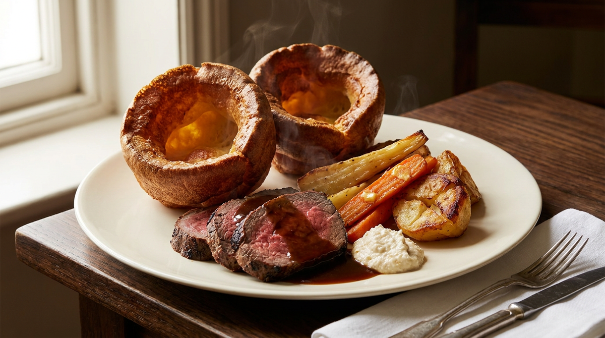 Rôti du dimanche anglais, deux Yorkshire puddings très hauts et creux, tranches de bœuf saignant, pommes de terre rôties et jus