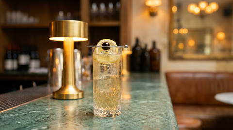 Rum Collins dans un grand verre étroit, glaçons nets et cerise sur pique, comptoir de marbre vert de mer