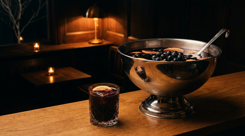 Bol à punch en argent rempli d'un punch très sombre au raisin noir et à l'orange, louche posée et verre servi devant, sur un comptoir de chêne, bar dans la pénombre