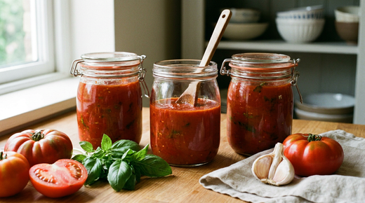Trois bocaux à joint de sauce tomate maison rouge foncé aux feuilles de basilic, un ouvert avec sa cuillère en bois, tomates mûres dont une coupée, bouquet de basilic, gousse d'ail, plan de travail en chêne