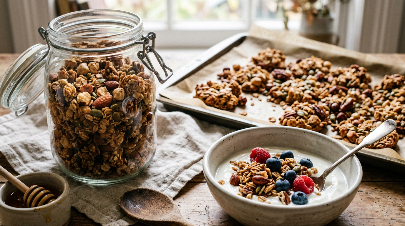 Granola maison en gros morceaux dans un bocal en verre, plaque de cuisson et bol de yaourt aux fruits rouges