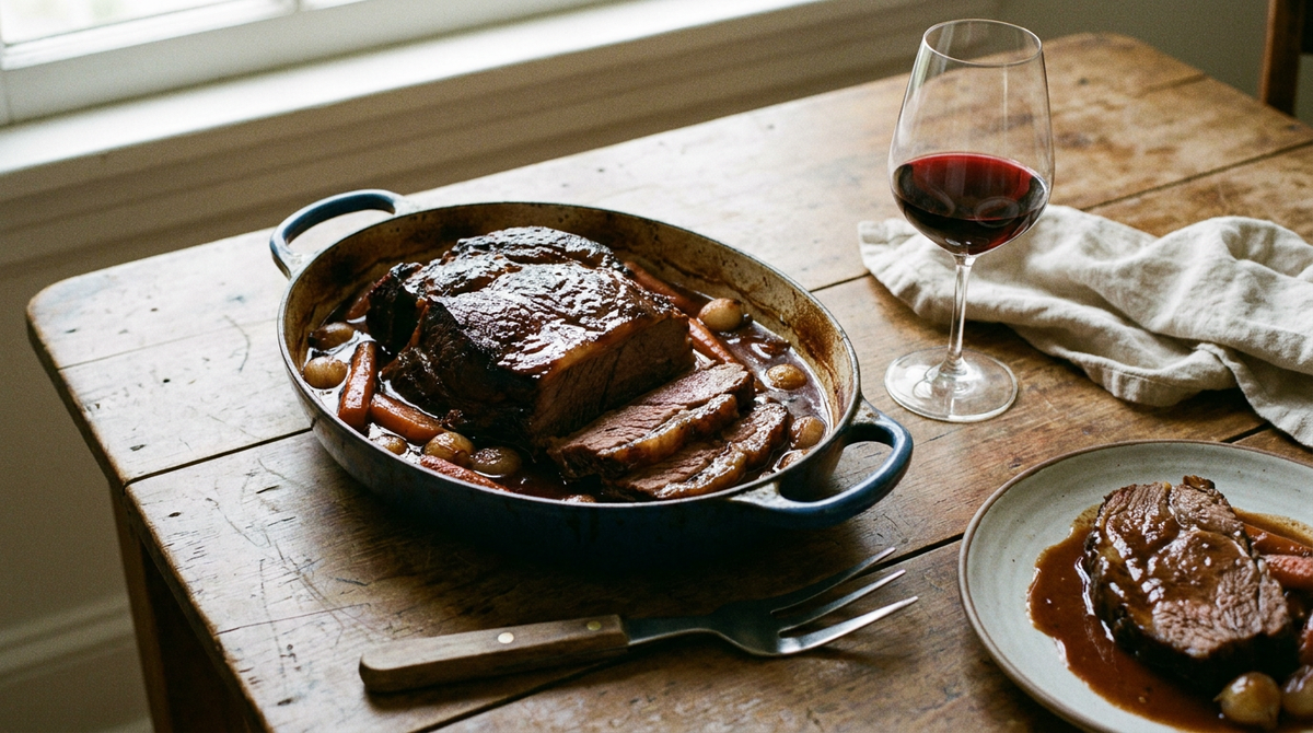 Cocotte en fonte avec un paleron de bœuf braisé entier, brun et brillant, partiellement tranché montrant les fibres tendres et la ligne gélatineuse, sauce au vin rouge, carottes et petits oignons, assiette servie, verre de vin rouge