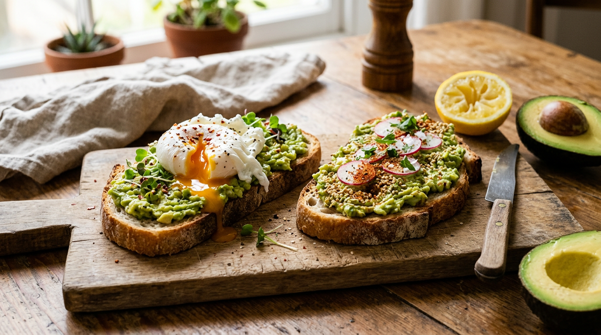 Deux tartines à l'avocat sur pain au levain grillé, l'une avec un œuf poché coulant, l'autre aux radis et aux graines