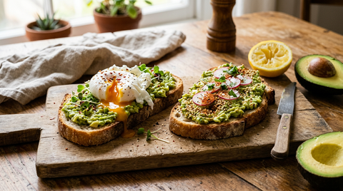 Deux tartines à l'avocat sur pain au levain grillé, l'une avec un œuf poché coulant, l'autre aux radis et aux graines
