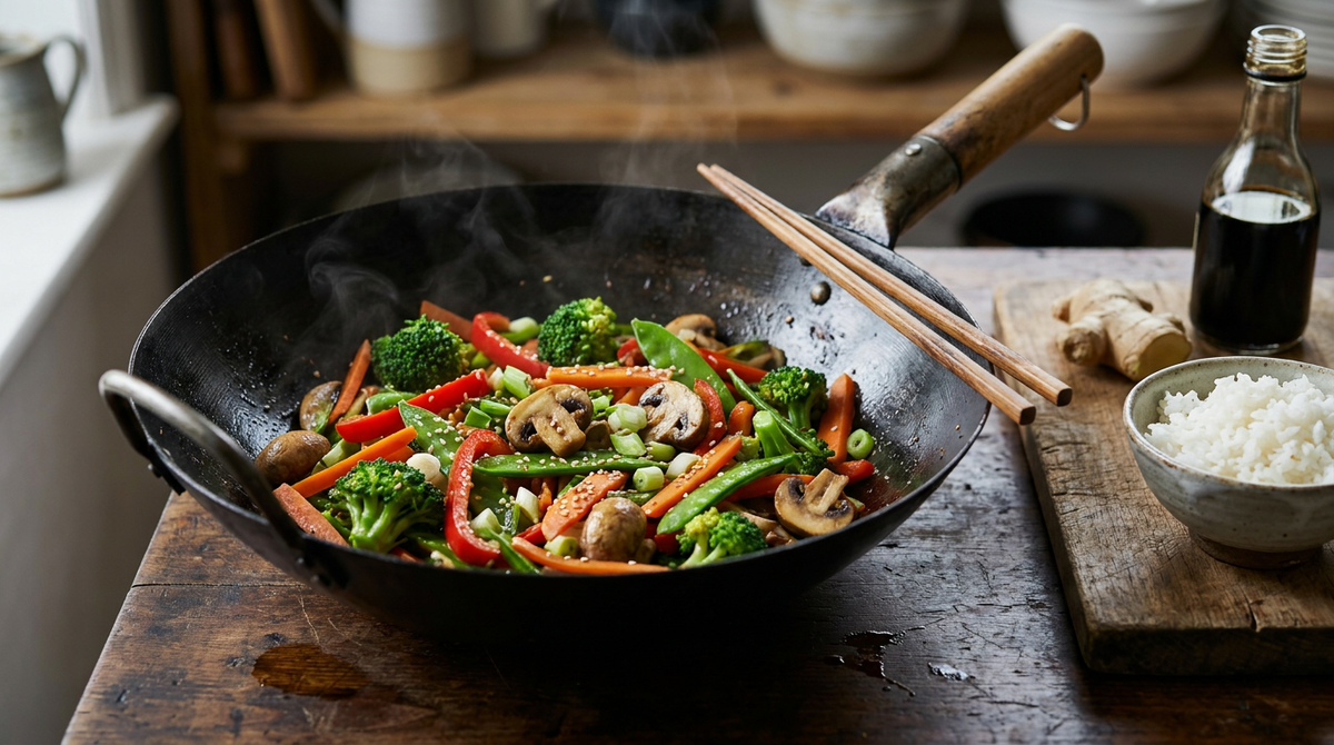 Wok en acier noirci de légumes sautés croquants, brocoli, poivron rouge, carotte, pois gourmands, sésame et sauce soja brillante, baguettes, plan de travail en bois foncé
