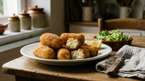 Croquettes de purée dorées et panées, l'une ouverte, salade verte et citron, table de bois