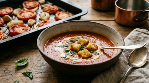 Velouté de tomates : la recette maison, tomates rôties et basilic