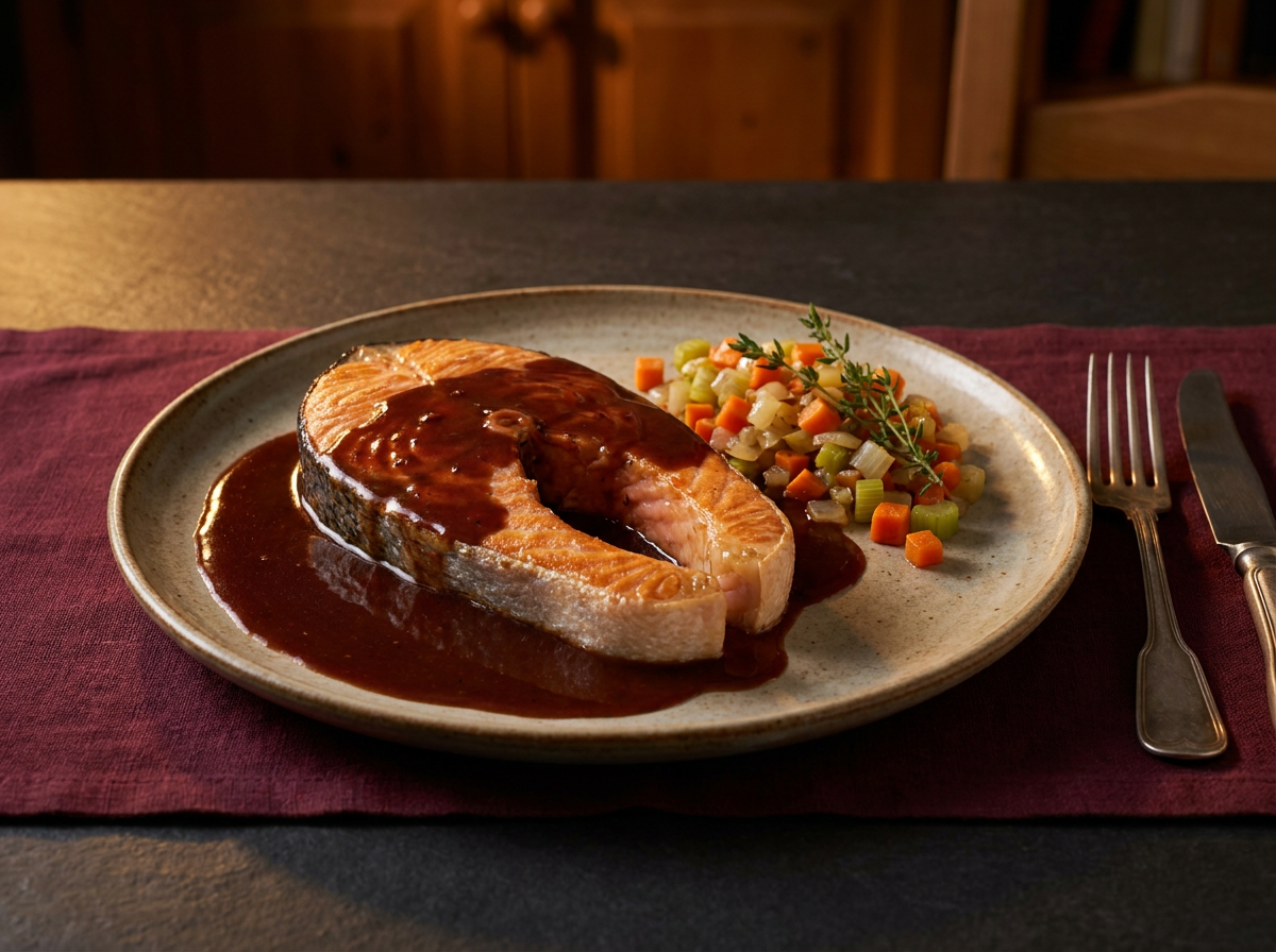 Sauce genevoise au vin rouge nappant une darne de saumon, mirepoix de carotte et céleri, lin bordeaux