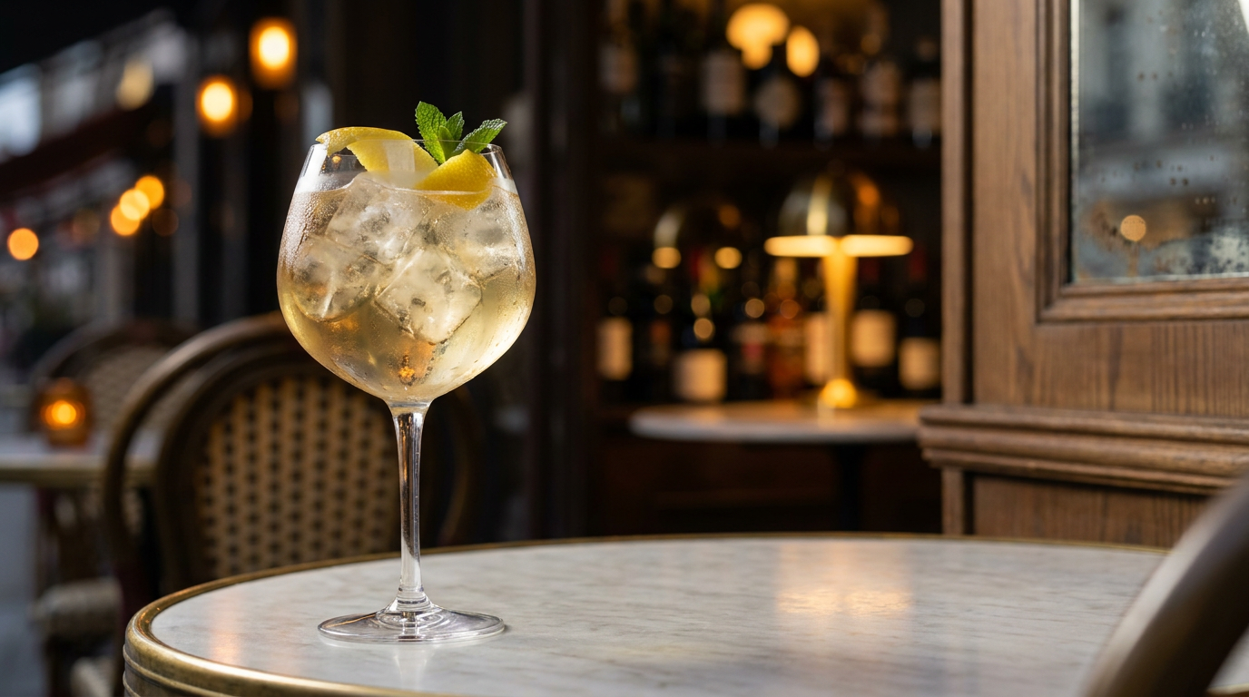 Porto blanc tonic dans un grand verre à pied plein de glace, zeste de citron et menthe, table de marbre en terrasse