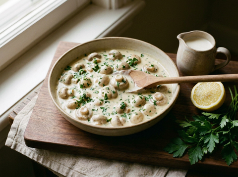 Sauce poulette crémeuse au persil nappant des champignons de Paris dans un bol en grès, citron et botte de persil