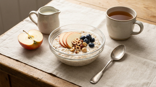 Bol en verre de Bircher muesli crémeux à la pomme râpée, tranches de pomme, noisettes grillées et myrtilles, pot de lait, demi-pomme, tasse de thé, plan de travail en bois