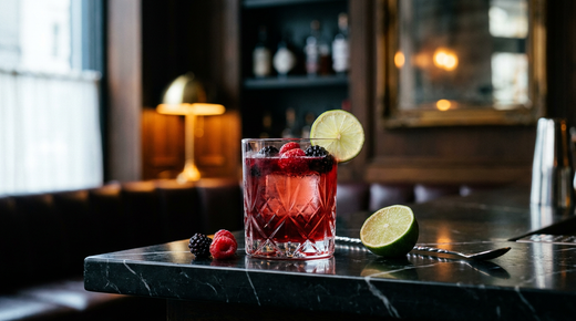 Cocktail tequila et fruits rouges sur un gros glaçon, framboises et mûres, sur un comptoir de marbre noir