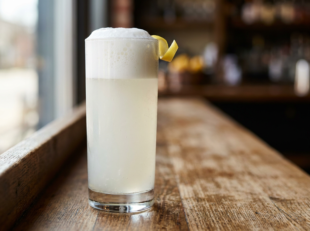 Silver Fizz, gin fizz au blanc d'œuf avec une mousse blanche soyeuse servi en highball