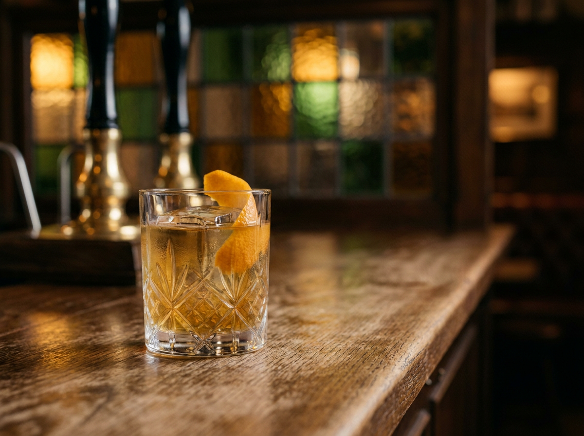 Cocktail whisky et jus de pomme en verre de cristal taillé sur le comptoir d'orme ciré d'un vieux pub, devant les verres colorés et les pompes de laiton