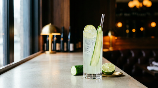 Mocktail concombre et citron vert sans sucre sur glace, ruban de concombre, sur un comptoir de béton clair