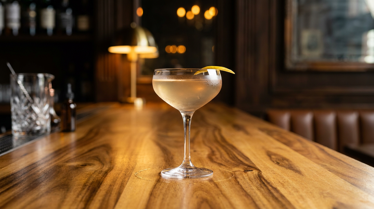 Bombay Cocktail ambre pâle limpide dans une coupe glacée, zeste de citron, comptoir d'acacia massif