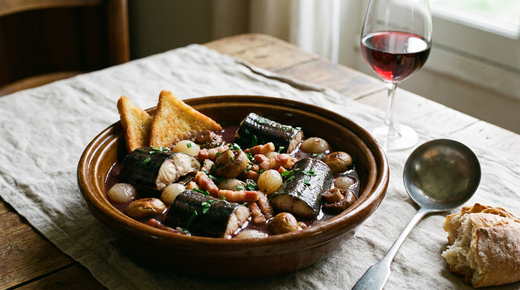 Matelote d'anguille au vin rouge dans un plat en terre vernissée, tronçons d'anguille à la chair blanche, sauce rouge brillante, petits oignons glacés, lardons, champignons, persil, croûtons dorés, louche à plat, pain, verre de vin rouge