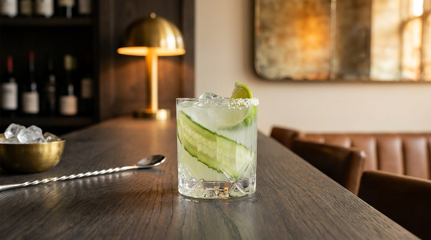 Gordon's Cup vert pâle trouble sur glace pilée, tranches de concombre dans le verre et quartier de citron vert, comptoir de chêne fumé