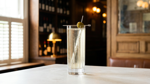 Fino Highball très pâle sur glace avec une olive verte, comptoir de pierre claire d'une bodega