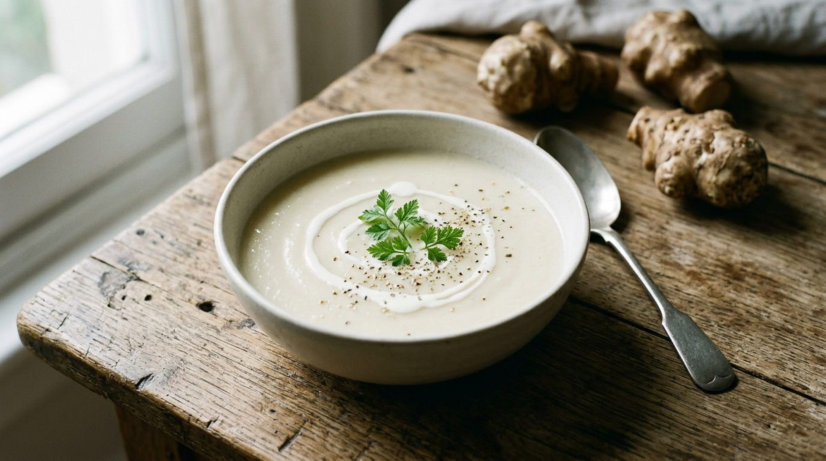 Velouté de topinambour blanc nacré dans un bol en grès clair, spirale de crème, cerfeuil et poivre concassé, topinambours crus bosselés et cuillère ancienne sur table de bois