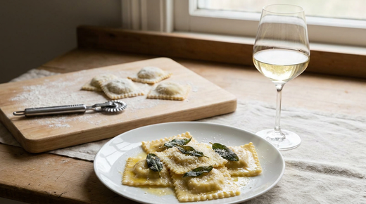 Assiette de ravioli ricotta et épinards au beurre noisette et à la sauge, ravioli crus sur une planche farinée avec une roulette, verre de vin blanc, plan de travail en bois