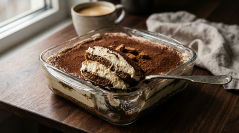 Tiramisu spéculoos dans un plat en verre, part prélevée montrant les couches de biscuit brun, de crème au mascarpone ivoire et le voile de cacao sur le dessus, spéculoos émiettés, cuillère, table de bois sombre, lumière chaude