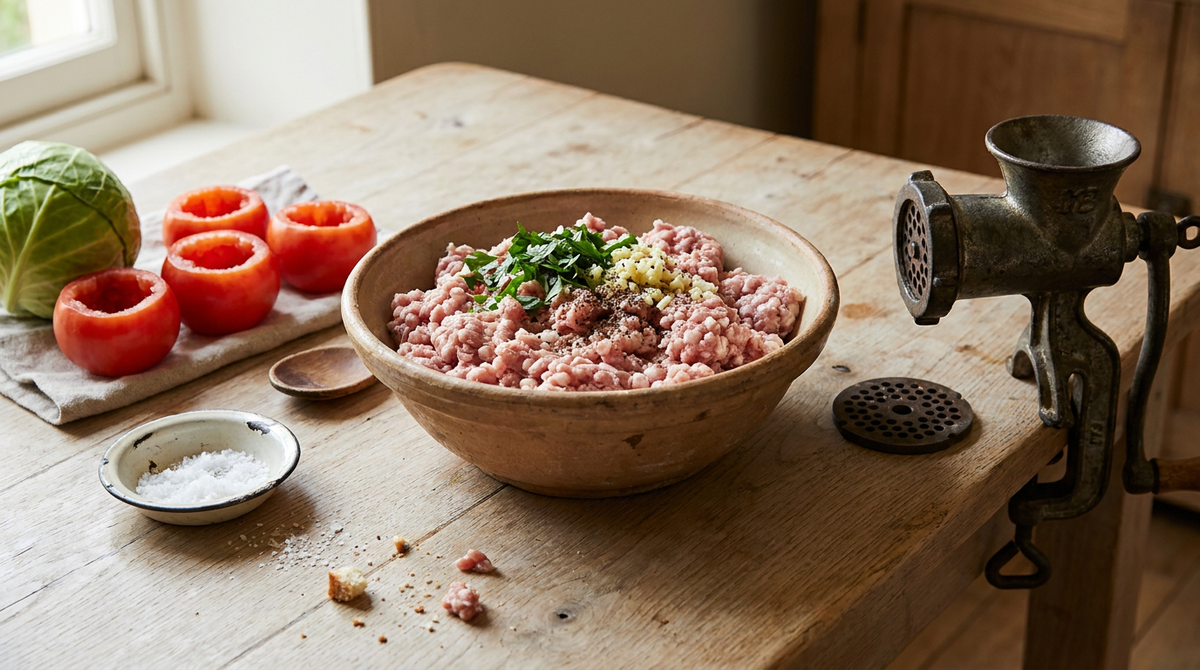 Chair à saucisse rose et grainue dans un saladier en terre, grains de gras blancs bien visibles, persil haché, ail, poivre concassé, hachoir à main posé à côté, tomates évidées prêtes à farcir, table de bois clair