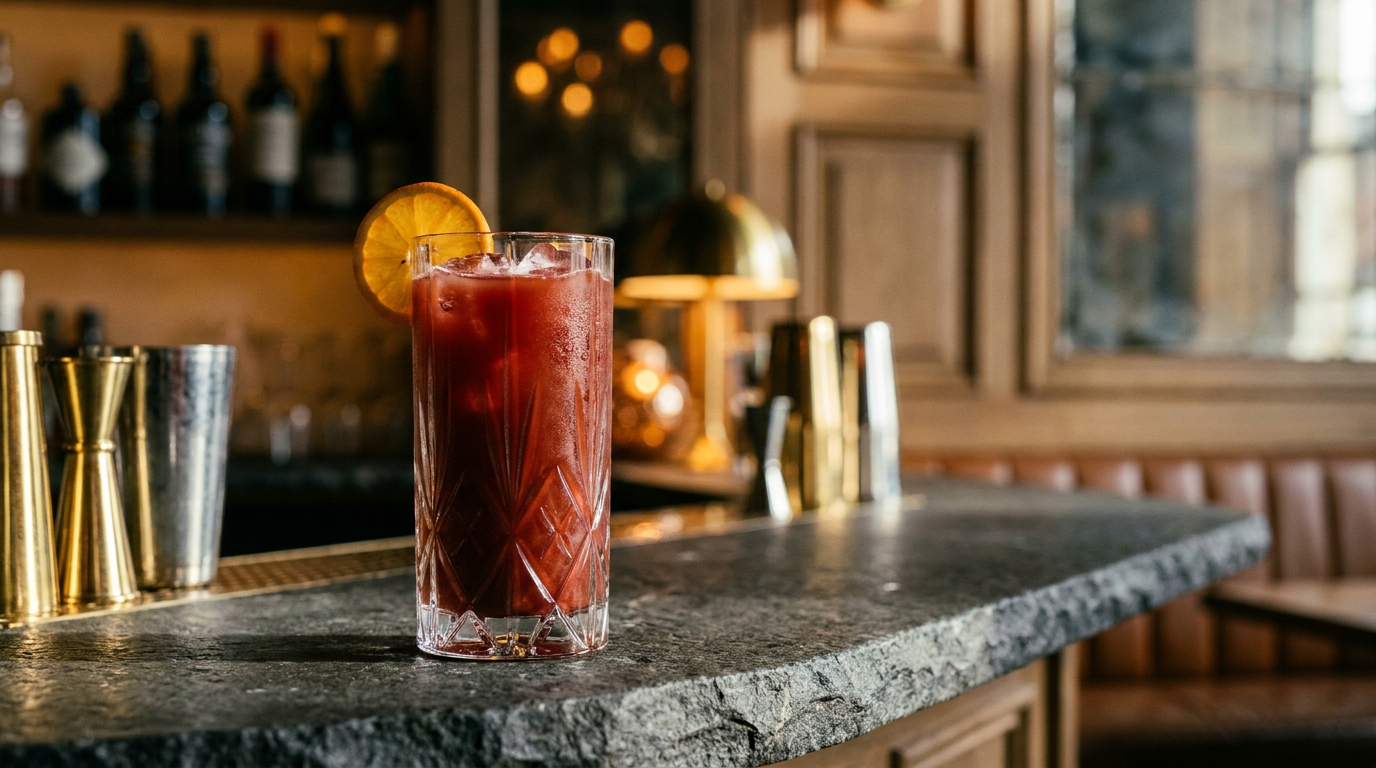 Mocktail betterave orange dans un grand verre, rondelle d'orange, dalle de pierre gris anthracite