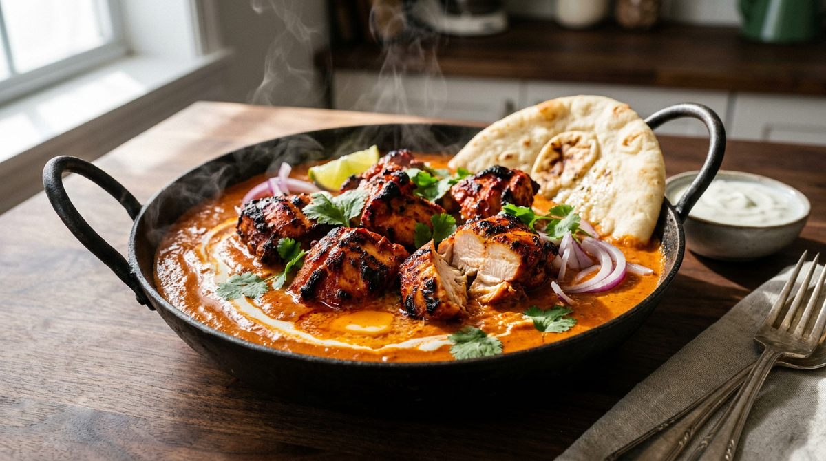 Poulet tikka masala dans un karahi en fonte, morceaux de poulet grillés et charbonnés posés sur une sauce orangée crémeuse