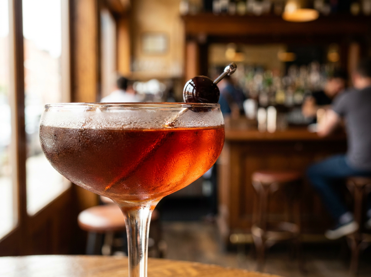 Cocktail Brooklyn dans un verre à cocktail, robe ambrée profonde et cerise, lumière naturelle