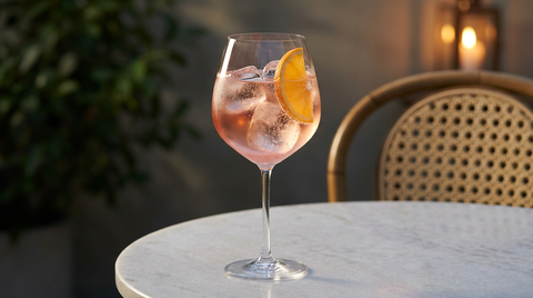Rosé spritz dans un grand verre à vin sur une table de marbre en terrasse