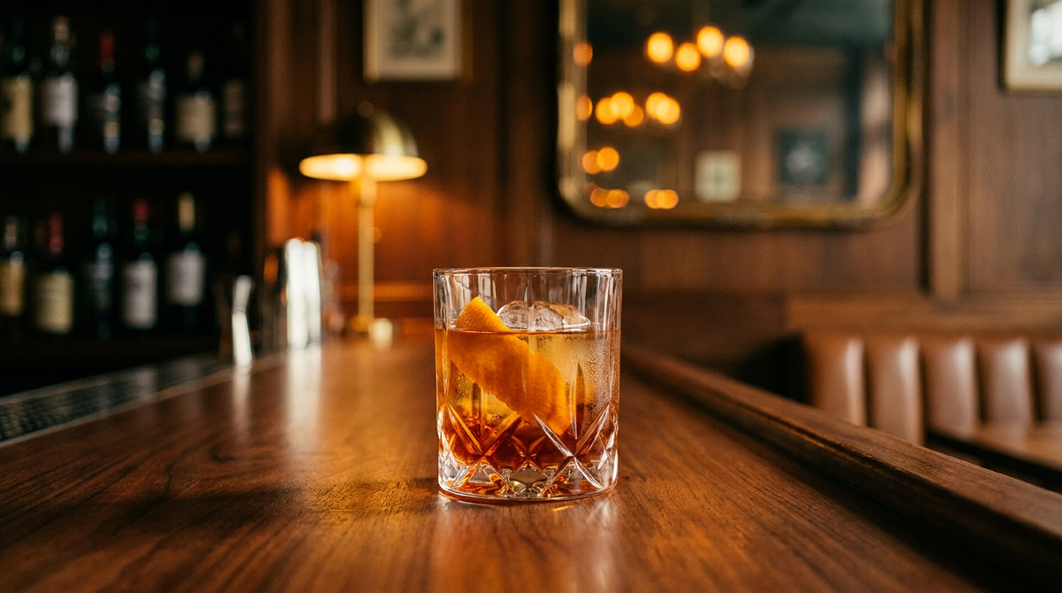 Old Fashioned ambré dans un verre épais taillé, un seul gros glaçon et zeste d'orange, comptoir de bois de rose