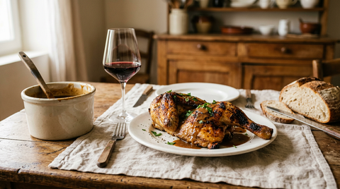 Demi-poulet grillé doré nappé de sauce diable, avec un pot en grès de la même sauce et un verre de vin rouge, sur une table de ferme