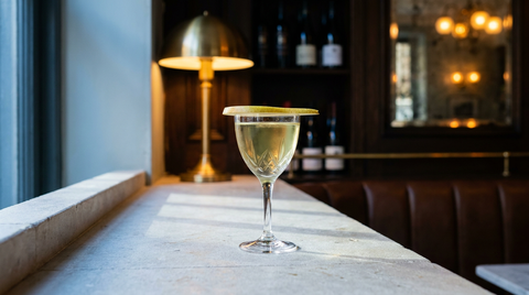 La Perla dans un verre à pied, lamelle de poire sur le bord, sur un appui de pierre claire