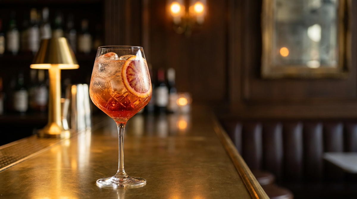Spritz à l'orange sanguine dans un grand verre à vin, glace claire et tranche de sanguine, sur un comptoir de bar en laiton poli
