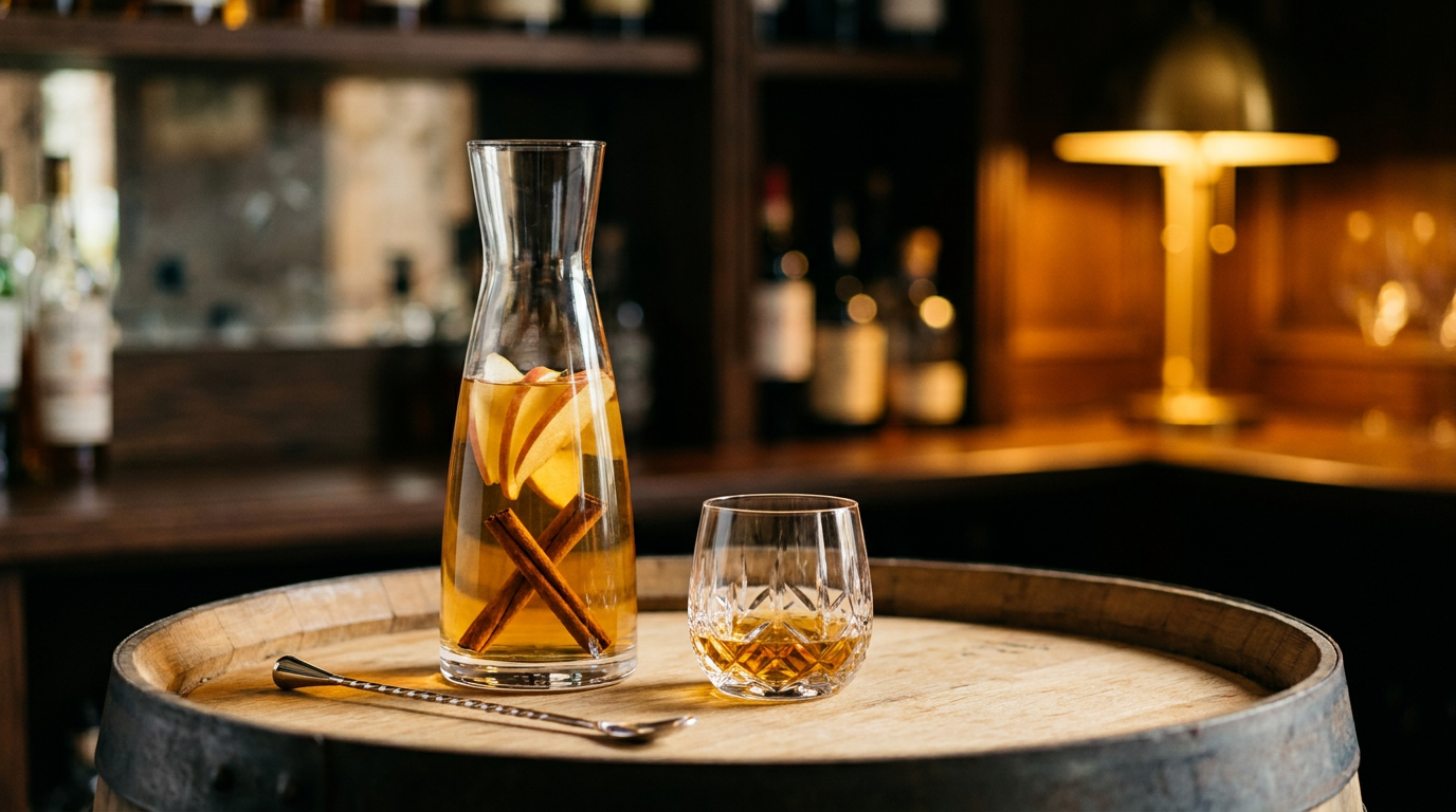Carafe de cristal de rhum arrangé pomme-cannelle sur un tonneau de chêne, verre à dégustation, dans un bar chaleureux